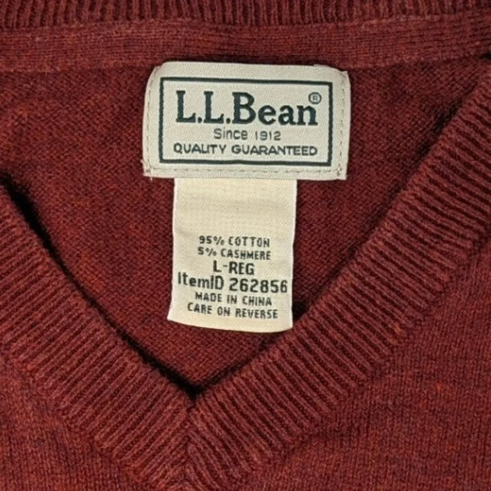 LL Bean Mens V-Neck Sweater Large Burgundy Cotton Cashmere Blend 262856